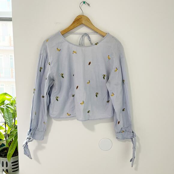 Zara Fruit Embroidered Cutout Back Long Sleeve Top Size Medium - Picture 1 of 7